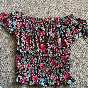 Zara slightly cropped and smocked off the shoulder floral top